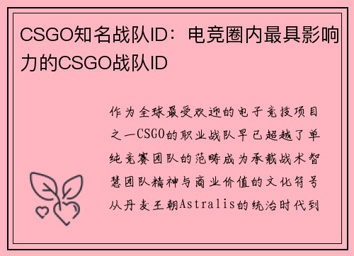 CSGO知名战队ID：电竞圈内最具影响力的CSGO战队ID